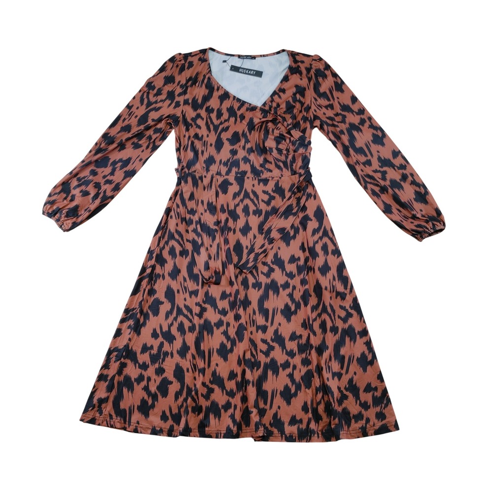HUSKARY‎ Womens Leopard Print Wrap Midi Dress Long Sleeve Brown Black Size M